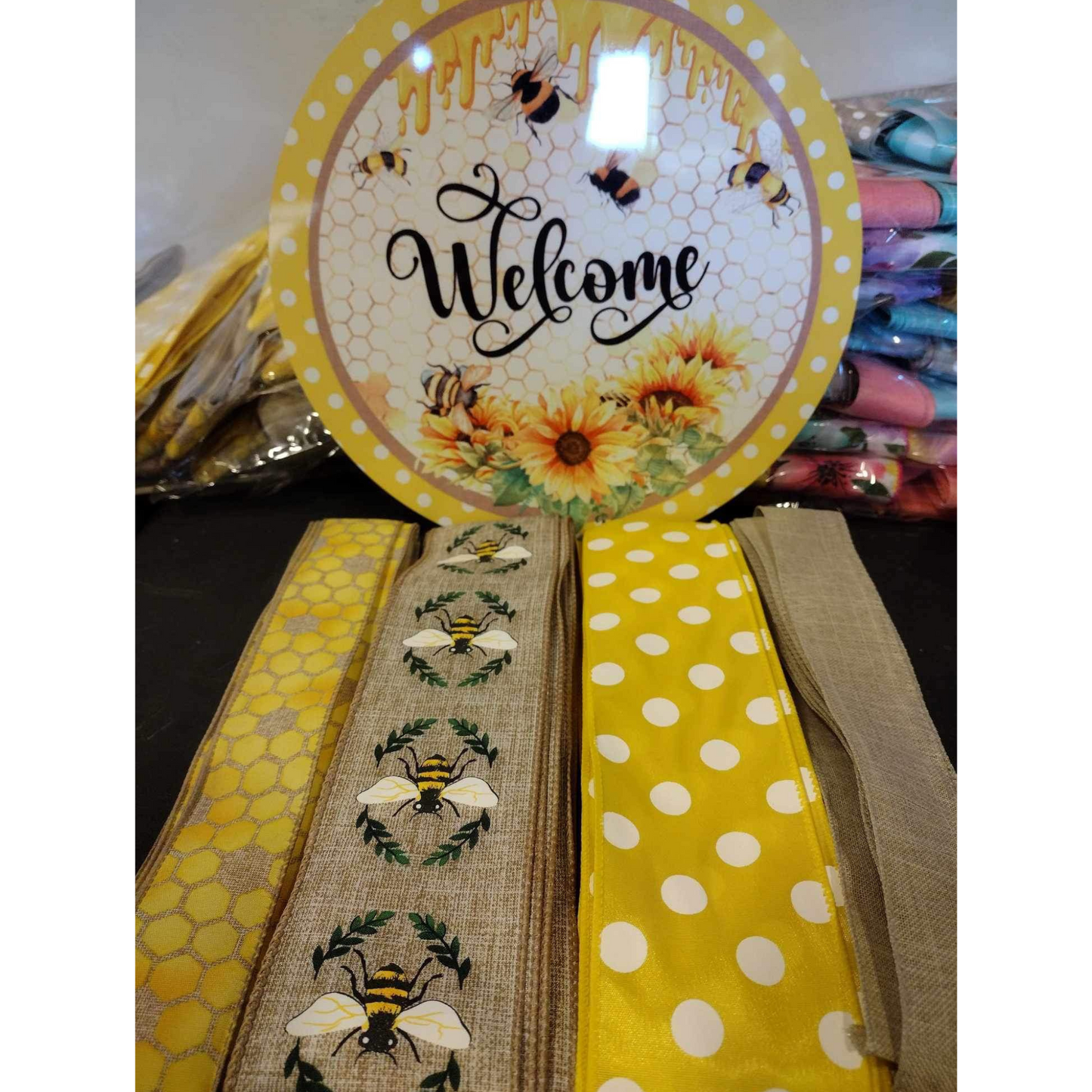 Spring Bee Wreath Kit, Welcome Bee Ribbon and Sign Bundle, Sugar Pepper Designs, Signs For Wreaths, Wreath Supplies, Wreath Kits