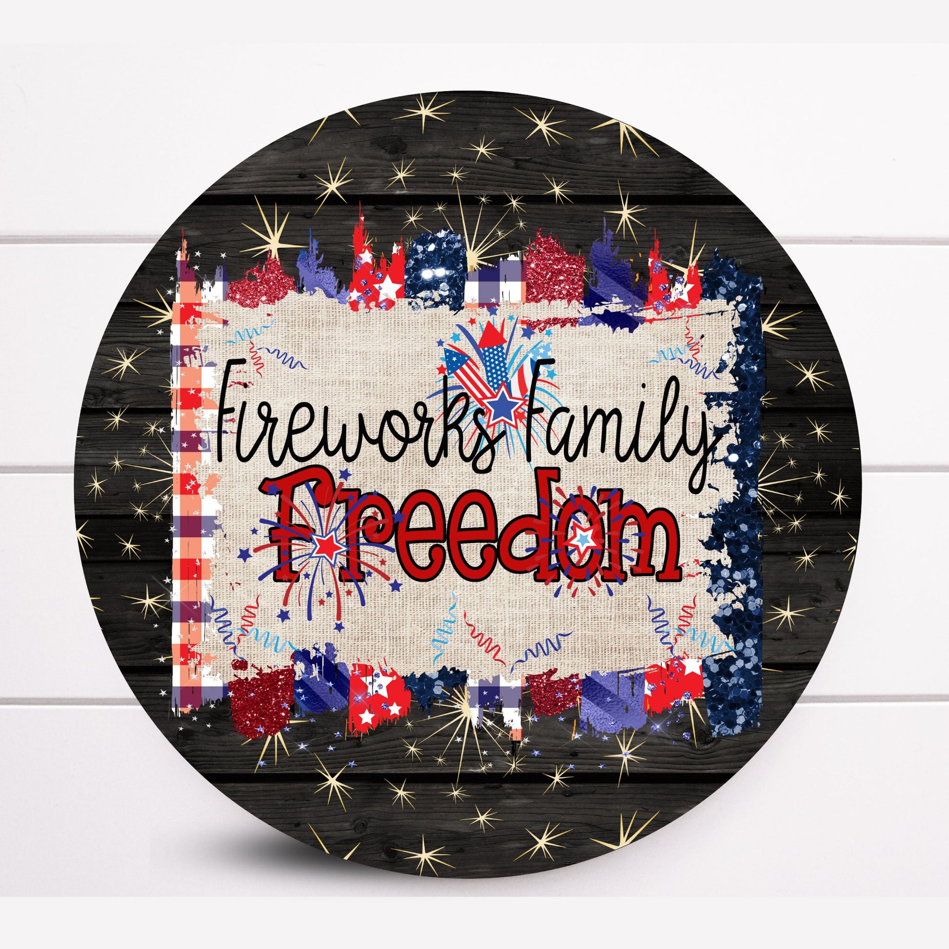 Fireworks Family and Freedom Round Patriotic Wreath Sign, Sugar Pepper Designs