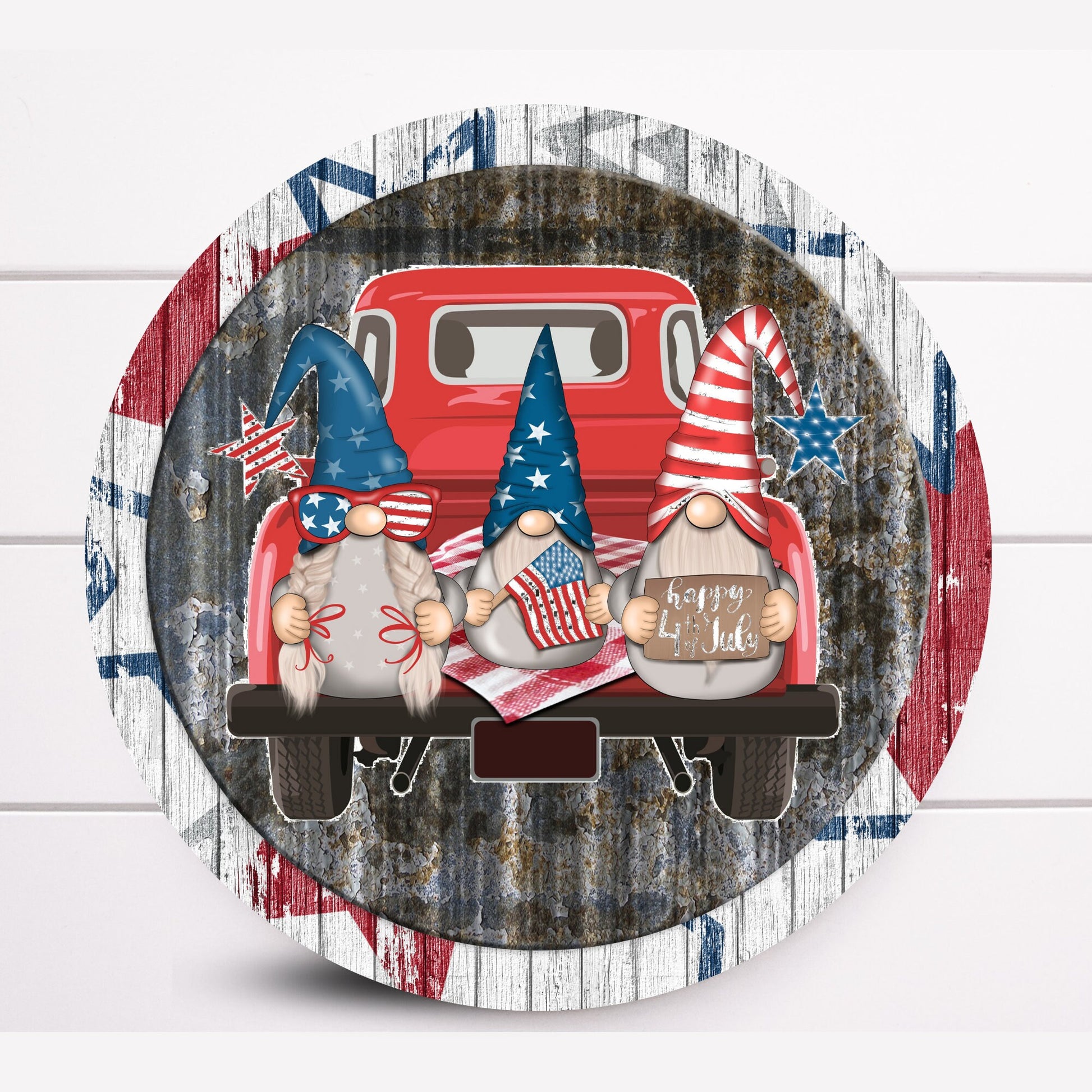 Wreath Sign, Round Patriotic Gnome Truck Wreath Sign, 4th of July Wreath Sign, Sugar Pepper Designs, Sign For Wreath, Door Decor