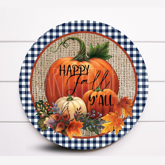 Wreath Sign, Happy Fall Ya’ll Round Metal Wreath Sign, Navy Blue Plaid Pumpkin Wreath Sign, Sugar Pepper Designs, Sign For Wreath