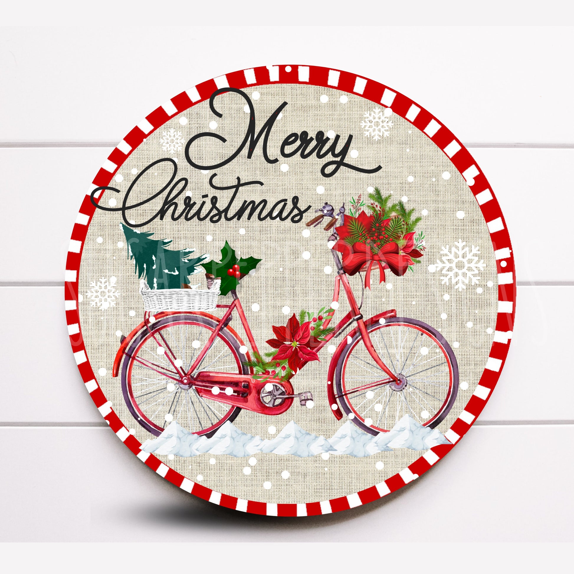 Wreath Sign, Christmas Bicycle Wreath Sign, Round Metal Sign, Choose Your Size Wreath Sign, Sign For Wreath