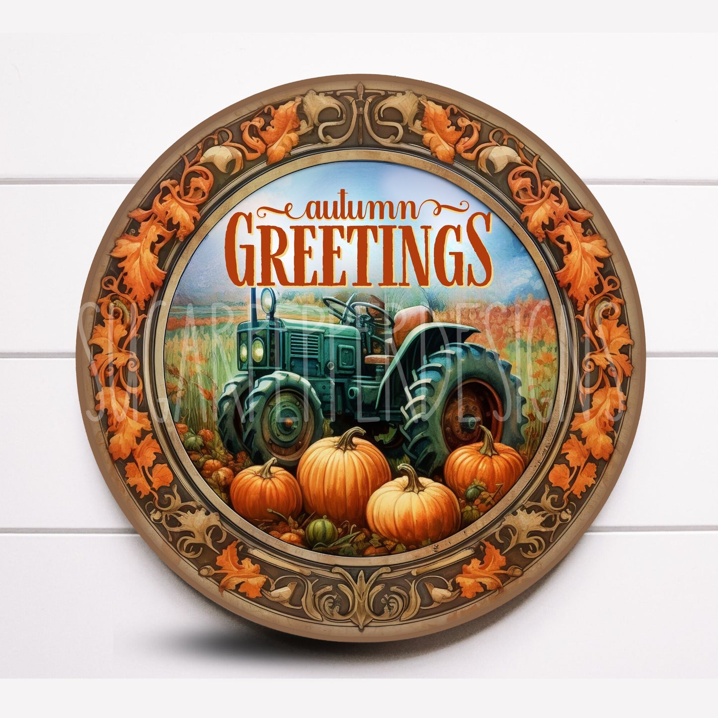 Wreath Sign, Autumn Greetings with Green Tractor Round Metal Wreath Sign, Sugar Pepper Designs, Sign For Wreath, Thanksgiving Supplies