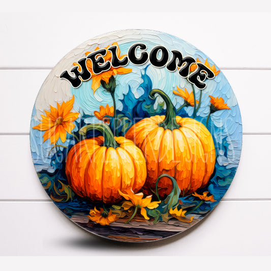 Wreath Sign, Welcome Orange and Blue Pumpkin Fall Metal Wreath Sign, Sugar Pepper Designs, Sign For Wreath, Fall Supplies and Decor