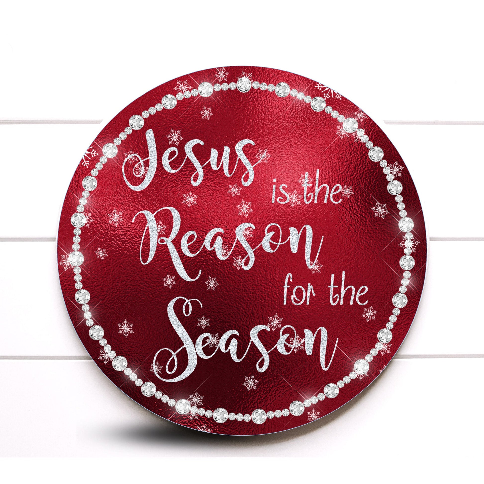 Wreath Sign, Jesus Is the Reason For the Season Red and Silver Round Metal Wreath Sign, Traditional Christmas Wreath Sign, Sign for Wreaths