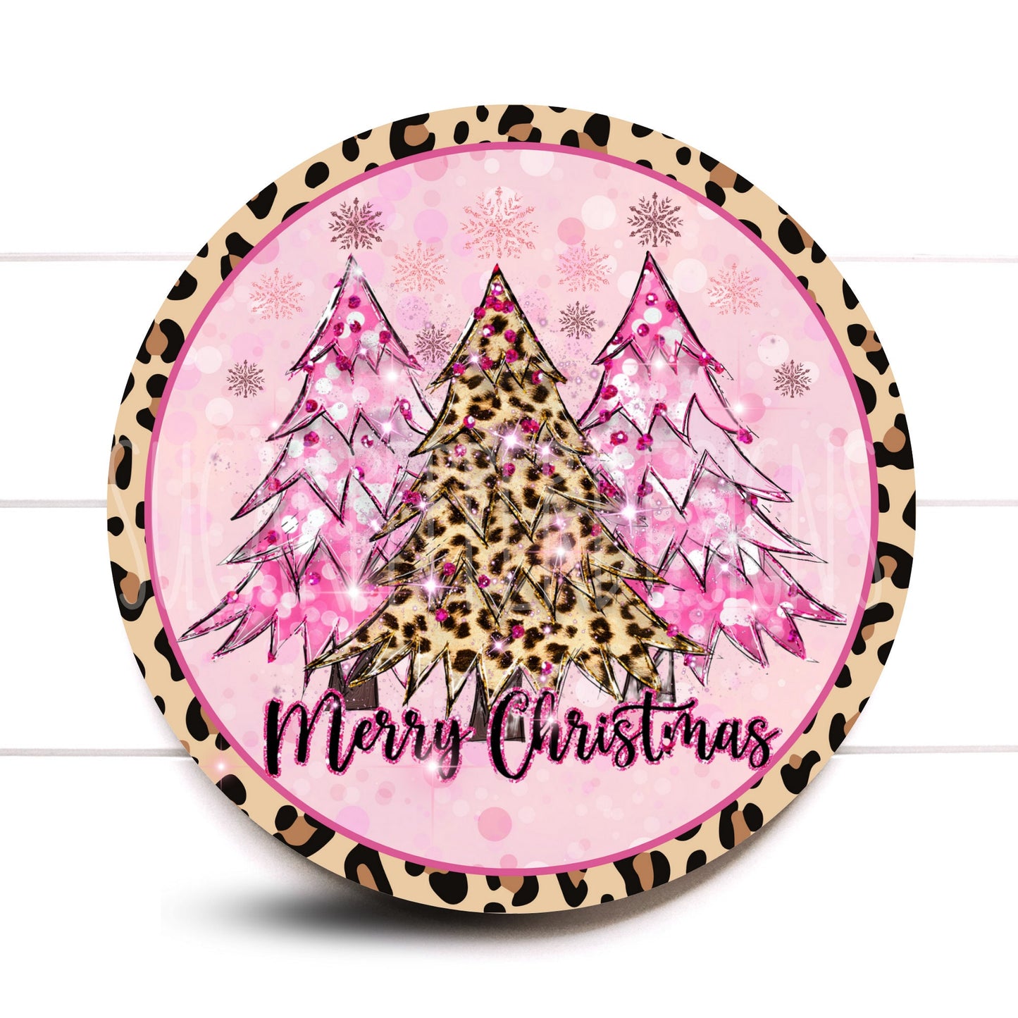 Christmas Pink and Leopard Print Tree Round Metal Wreath Sign, Pink Christmas Wreath Sign, Sugar Pepper Designs, Signs For Wrea v