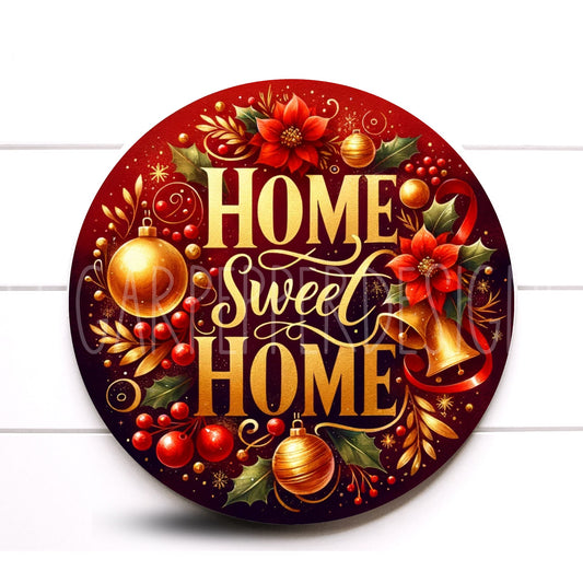 Wreath Sign, Round Rustic Merry Christmas Wreath Sign, Red and Gold Metal Wreath Sign, Sugar Pepper Designs, Sign For Wreath,