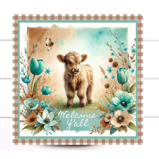 Farmhouse Highland Cow WelcomeY’all Turquoise and Brown Everyday Metal Wreath Sign, Highland Cow Wreath Sign, Door Decor, Signs for Wreaths