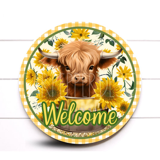 Farmhouse Sunflower Highland Cow Wreath Sign, Welcome Sunflower Cow Decoration, Highland Cow Decor, Sugar Pepper Design, Sign For Wreath