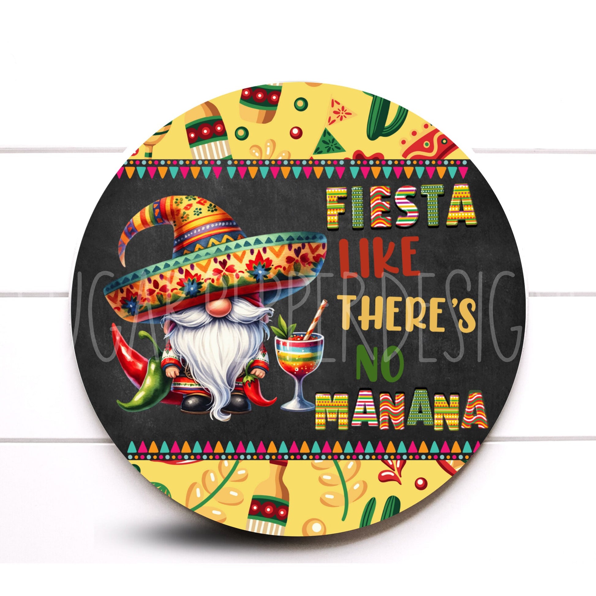 Wreath Sign, Cinco De Mayo Round Metal Wreath Sign, Fiesta Like There’s No Manana Wreath Sign, Sugar Pepper Designs, Cinco De Mayo Decor