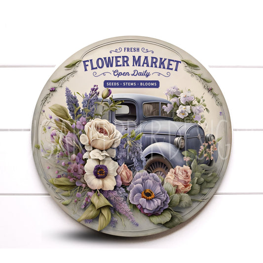 Round Fresh Flower Market Lavender Truck With Flowers Wreath Sign, Round Metal Wreath Sign, Rustic Farmhouse Wreath Sign,Sign For Wreath