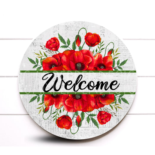 Rounds Metal Welcome Floral Red Poppy Wreath Sign, Poppy Wreath Sign, Everyday Wreath Signs, Sugar Pepper Designs, Sign For Wreath, Decor