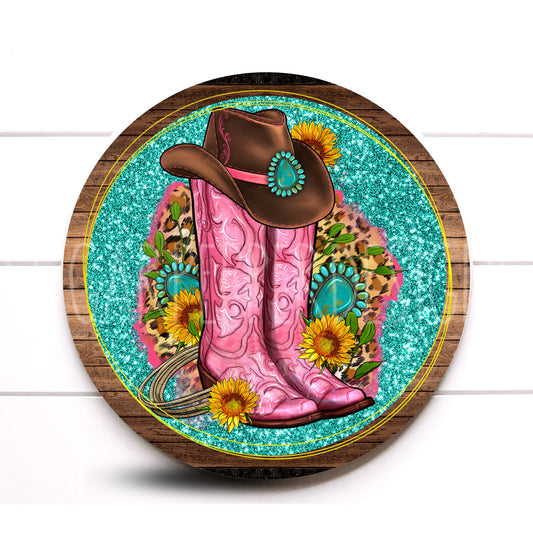 Farmhouse Western Boots and Cowgirl Wreath Sign, Turquoise and Pink Western Decor, Sugar Pepper Designs, Sign For Wreath