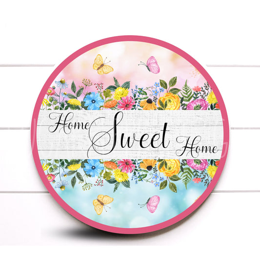 Wreath Sign, Round Metal Everyday Floral Home Sweet Home Colorful Butterfly Wreath Sign, Sugar Pepper Designs, Sign For Wreath, Door Decor