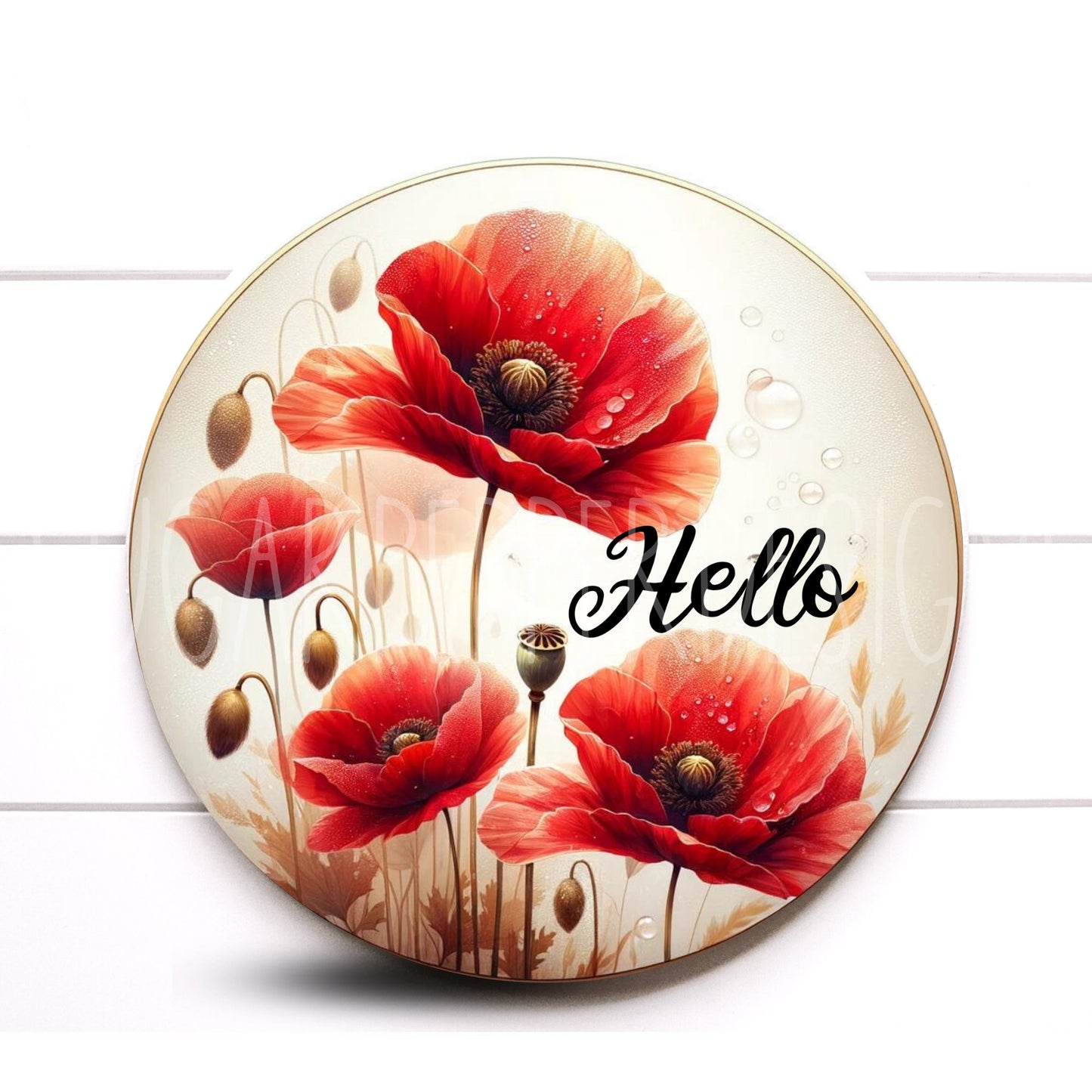 Rounds Metal Hello Floral Red Poppy Wreath Sign, Poppy Wreath Sign, Everyday Wreath Signs, Sugar Pepper Designs, Sign For Wreath, Decor