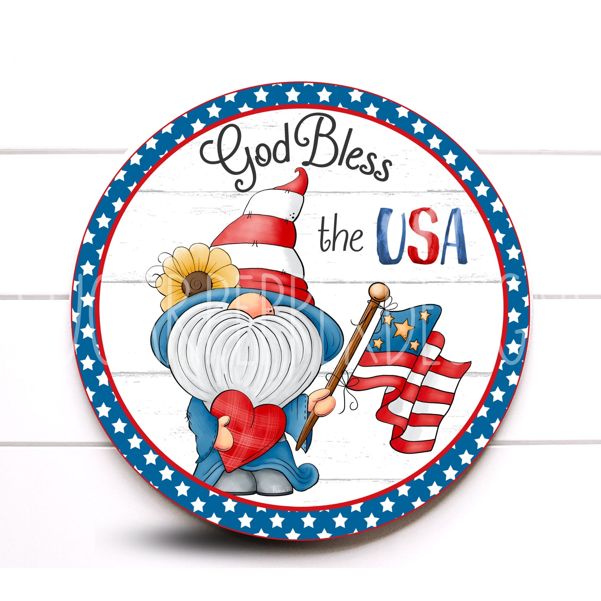 Wreath Sign, God Bless The USA Gnome Round Patriotic Wreath Sign, Summer Wreath Sign, Sugar Pepper Designs, Door Decor, Sign For Wreath