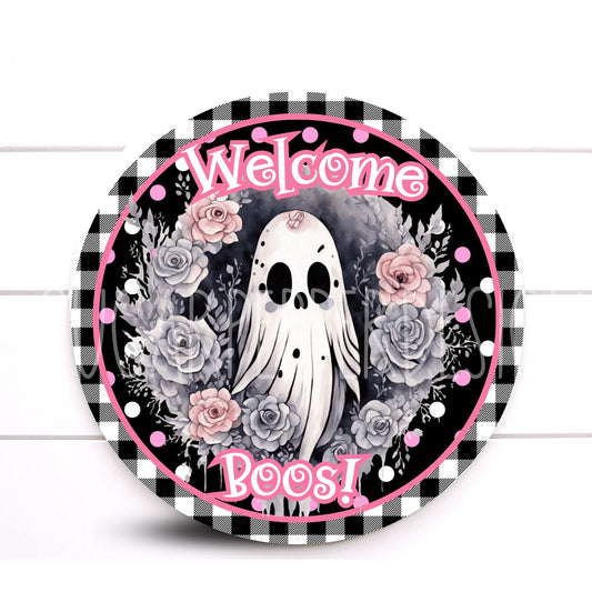 Pink Ghost Halloween Wreath Sign, Welcome Boos, Candy Pink Metal Wreath Sign, Sugar Pepper Designs, Sign For Wreath, Door Decor, Aluminum