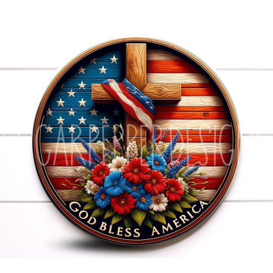 Wreath Sign, God Bless America Round Patriotic Wreath Sign, Wooden Cross Wreath Sign, Sugar Pepper Designs, Door Decor,Sign For Wreath