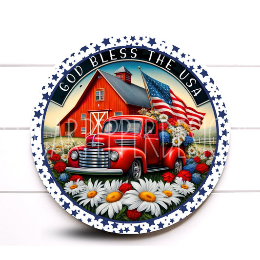 Wreath Sign, God Bless the USA Round Patriotic Wreath Sign, Red Truck Summer Wreath Sign, Sugar Pepper Designs, Door Decor,Sign For Wreath