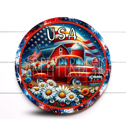 Wreath Sign USA Round Patriotic Wreath Sign, Red Truck Summer Wreath Sign, Sugar Pepper Designs, Door Decor,Sign For Wreath, Aluminum Sign