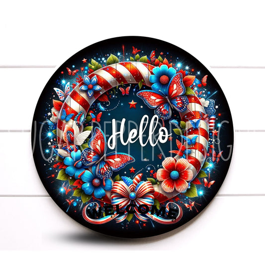 Patriotic Wreath Sign, Hello Sign, Fourth of July, America Sign, Sign With Fireworks, Metal Wreath Sign, Aluminum Sign, Sign for Wreaths