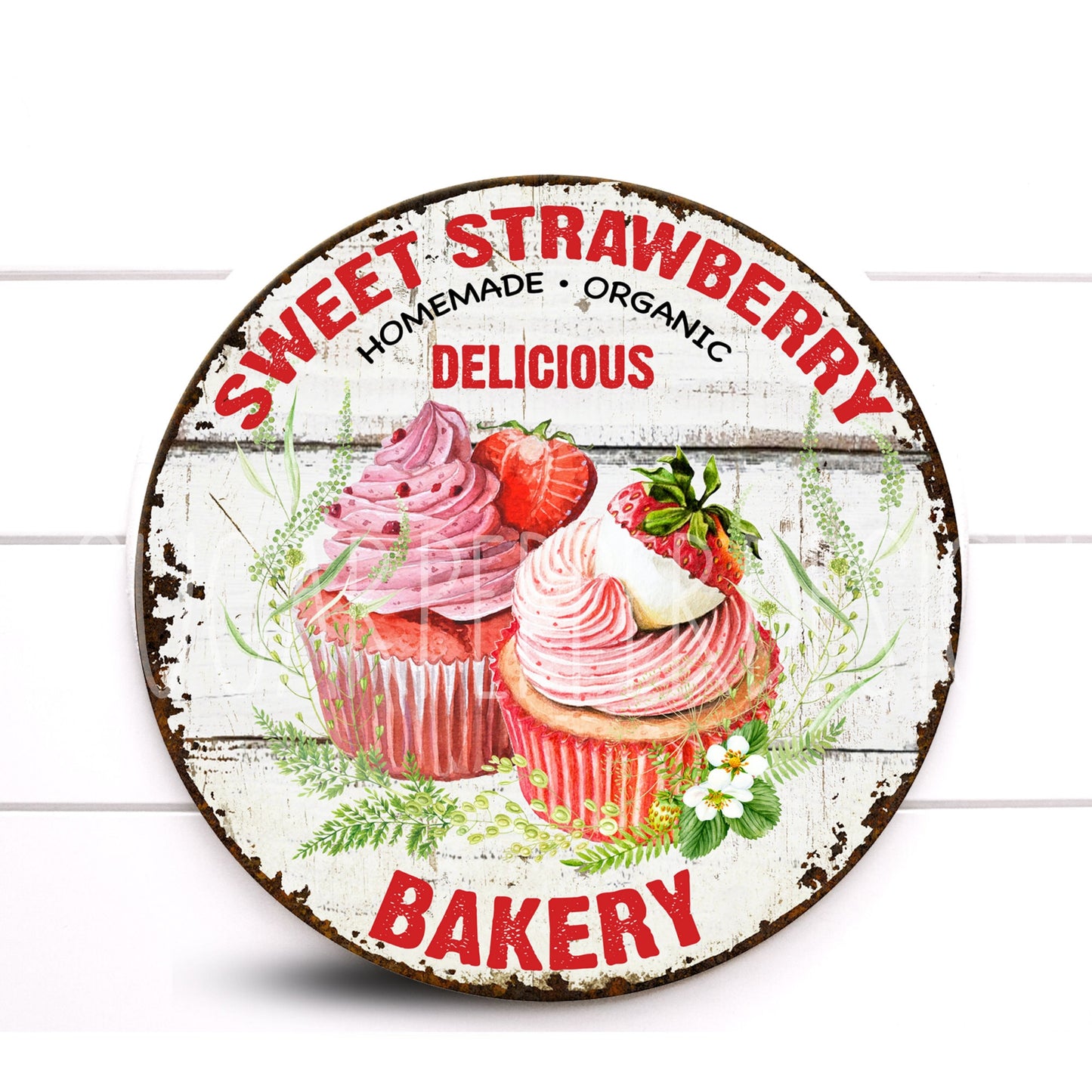 Strawberry Cupcake Bakery Metal Wreath Sign, Aluminum Sign, Strawberry Wreath Sign, Sugar Pepper Designs, Sign For Wreath, Door Decor