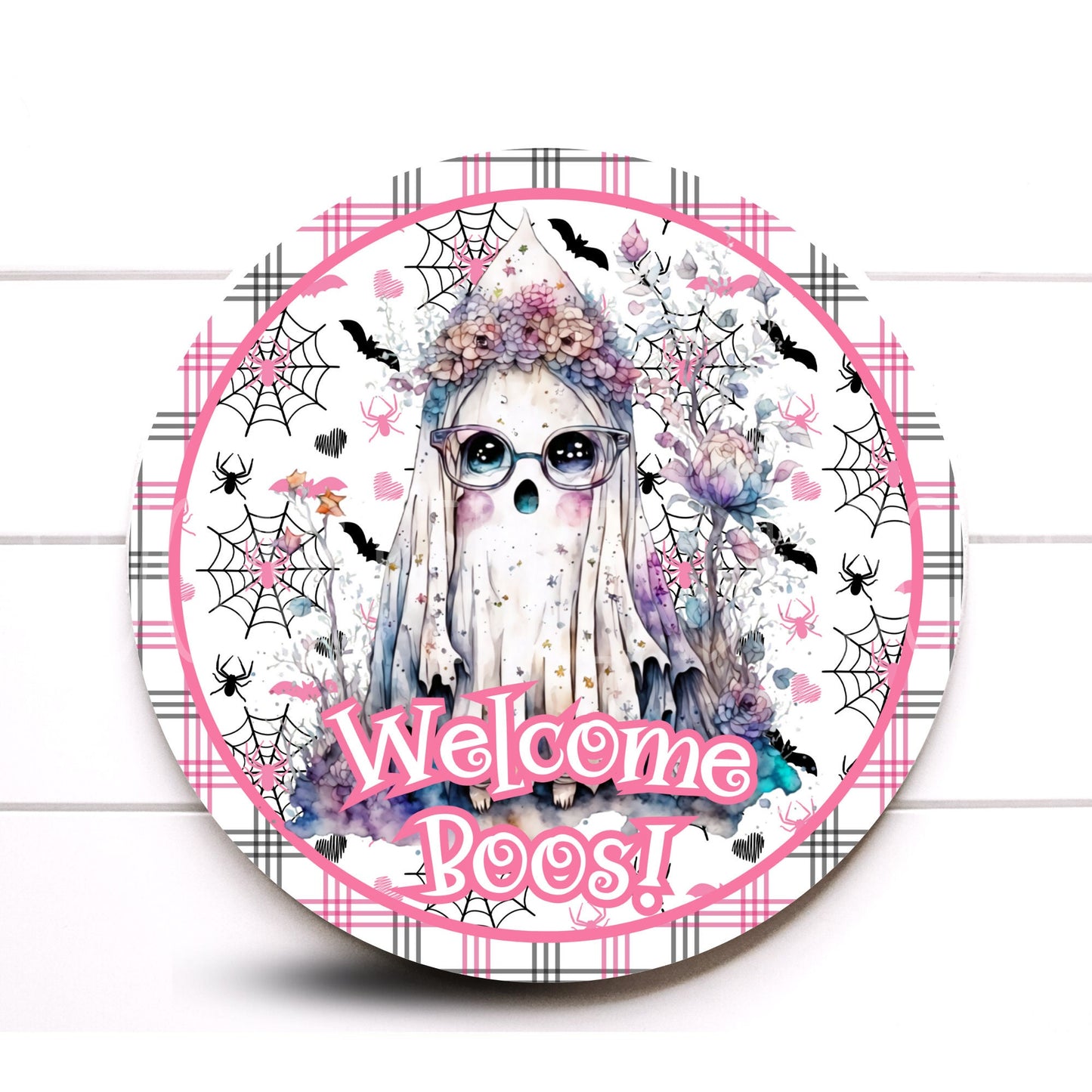 Pink Ghost With Flowers Halloween Wreath Sign, Welcome Boos, Candy Pink Metal Wreath Sign, Sugar Pepper Designs, Sign For Wreath, Aluminum