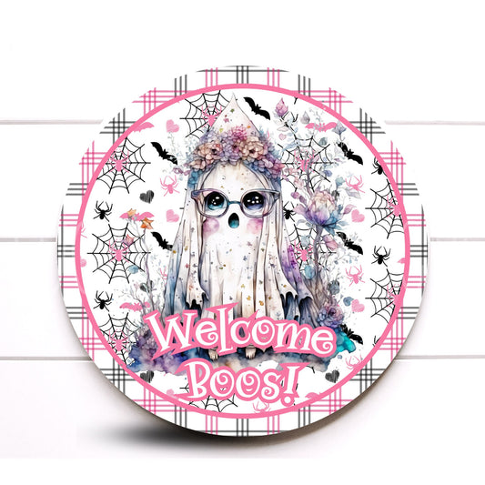 Pink Ghost With Flowers Halloween Wreath Sign, Welcome Boos, Candy Pink Metal Wreath Sign, Sugar Pepper Designs, Sign For Wreath, Aluminum