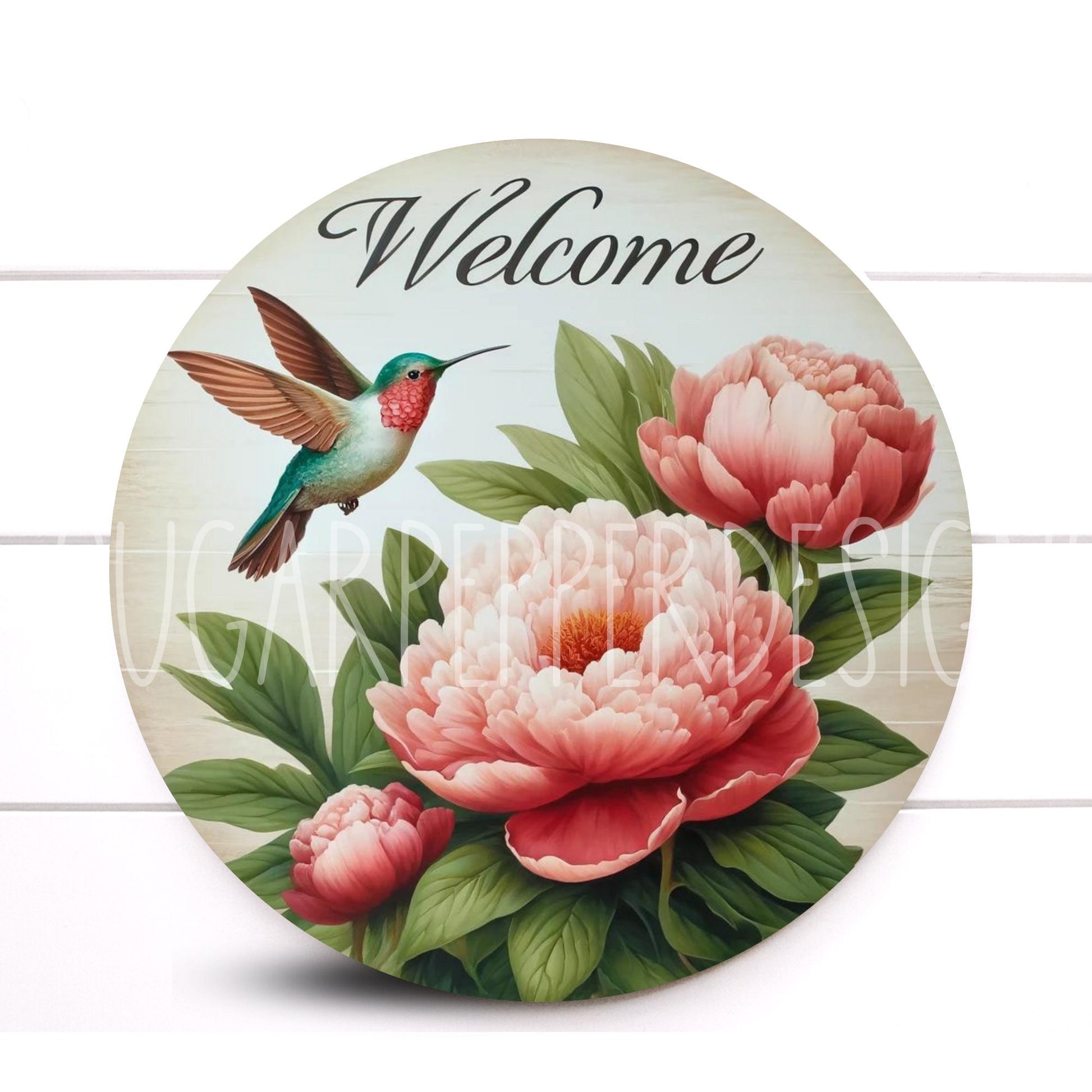 Wreath Sign, Welcome Hummingbird and Peonies Wreath Sign, Hummingbird Wreath Sign, Sugar Pepper Designs, Sign For Wreath, Door Decor