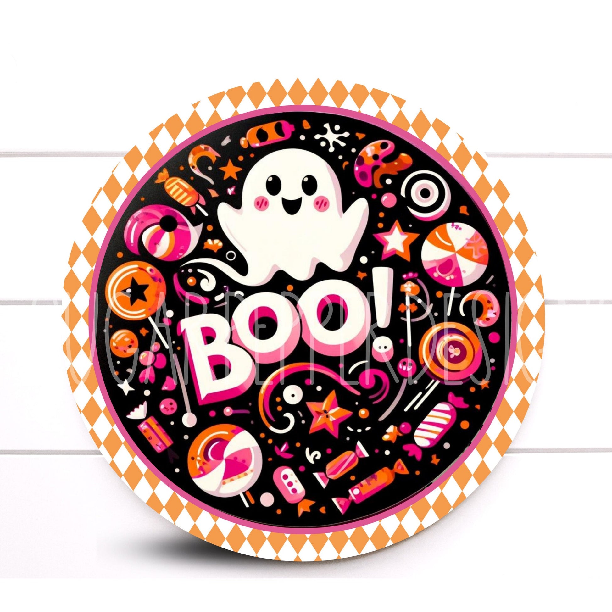 Wreath Sign, Whimsical Boo Ghost Wreath Sign, Pink and Orange Harlequin Wreath Sign, Halloween Wreath Sign, Sign For Wreath