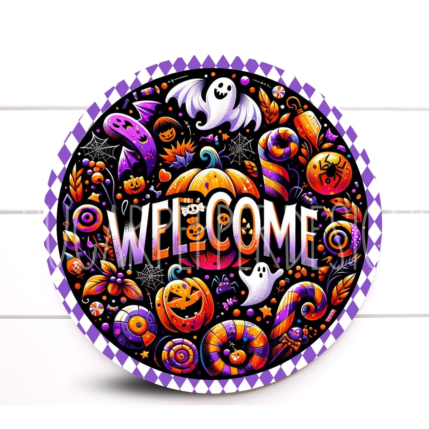 Wreath Sign, Whimsical Boo Ghost Wreath Sign, Welcome Ghost Harlequin Wreath Sign, Halloween Wreath Sign, Sign For Wreath