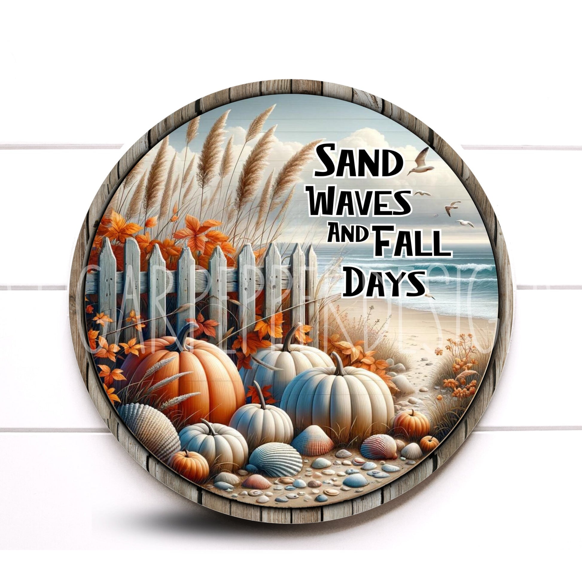 Wreath Sign, Sand Waves and Fall Days Round Metal Wreath Sign, Coastal Fall Sign, Sugar Pepper Designs, Sign For Wreath, Door Decor