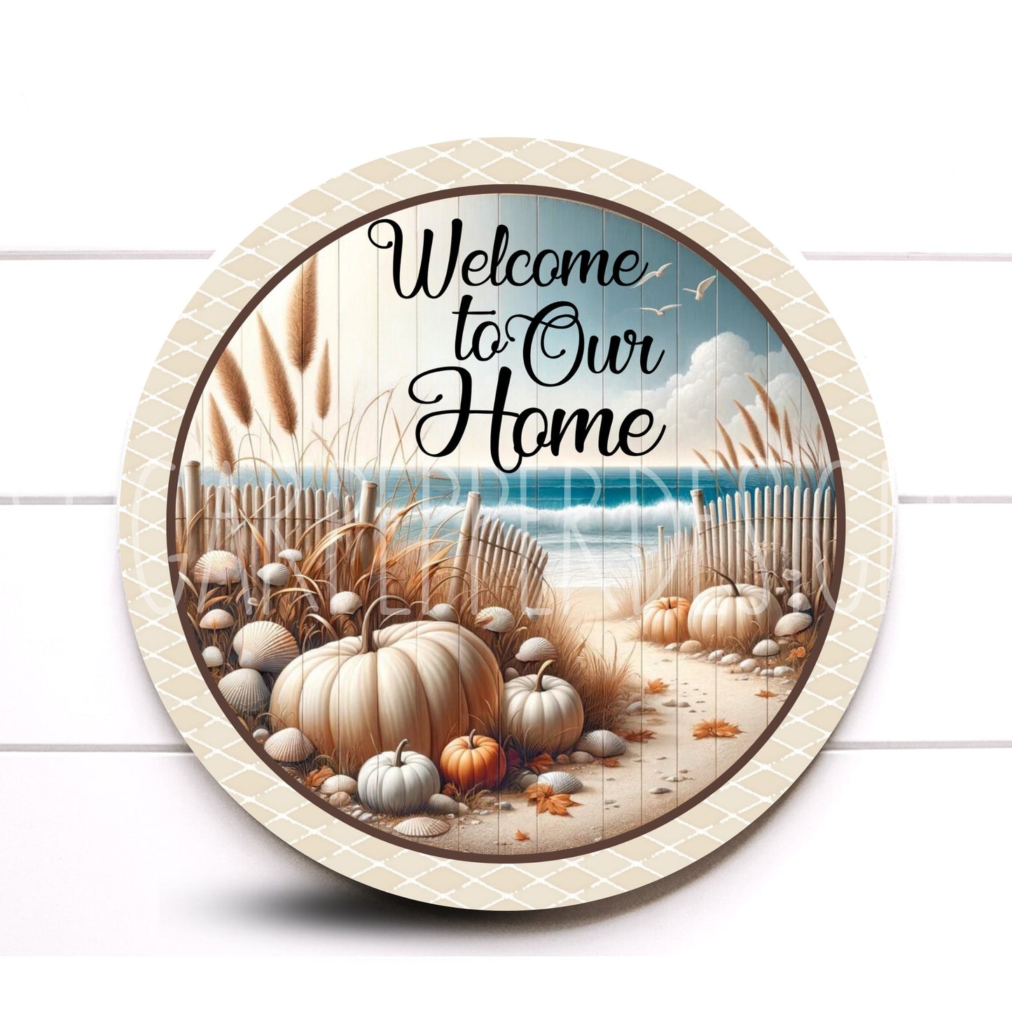 Fall Wreath Sign, Welcome to Our Home Fall Round Metal Wreath Sign, Coastal Fall Sign, Sugar Pepper Designs, Sign For Wreath, Door Decor