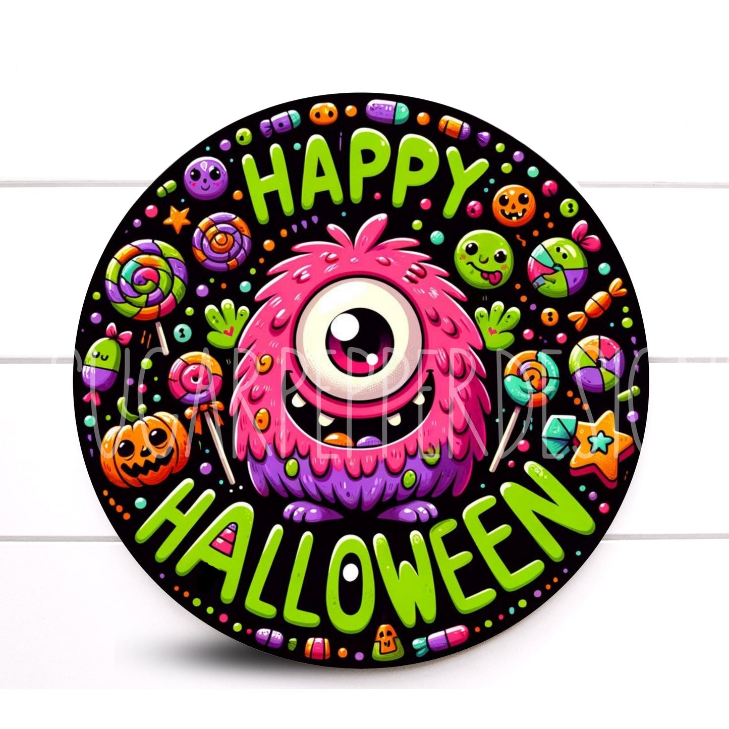 Wreath Sign, Halloween Wreath Sign, Cute Monster Wreath Sign, Round Metal Wreath Sign, Sugar Pepper Designs, Sign for Wreath