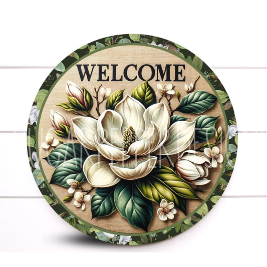 Wreath Sign, Welcome Magnolia Round Magnolia Wreath Sign, Aluminum Sign, Magnolia Decor, Sugar Pepper Designs, Sign For Wreath, Door Decor