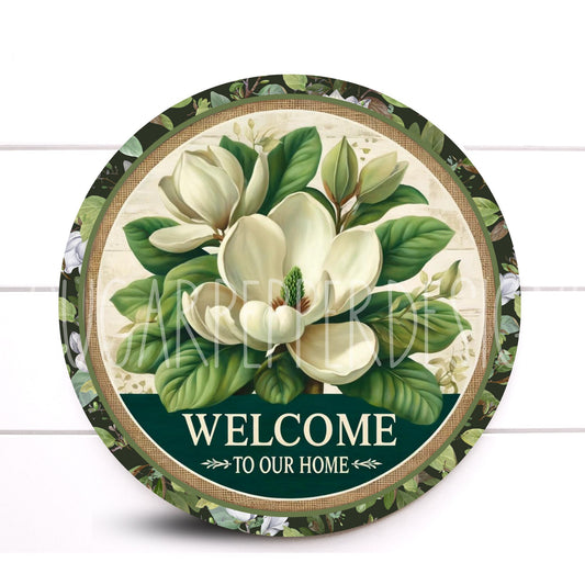 Wreath Sign, Welcome Magnolia Round Magnolia Wreath Sign, Aluminum Sign, Magnolia Decor, Sugar Pepper Designs, Sign For Wreath, Door Decor