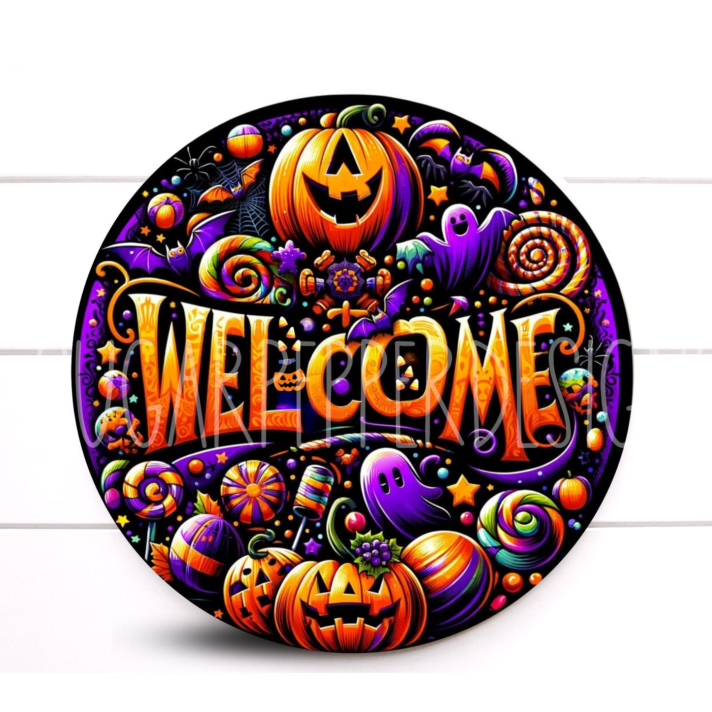 Wreath Sign, Whimsical Halloween Wreath Sign, Aluminum Sign, Welcome Pumpkin Harlequin Wreath Sign, Halloween Wreath Sign, Sign For Wreath