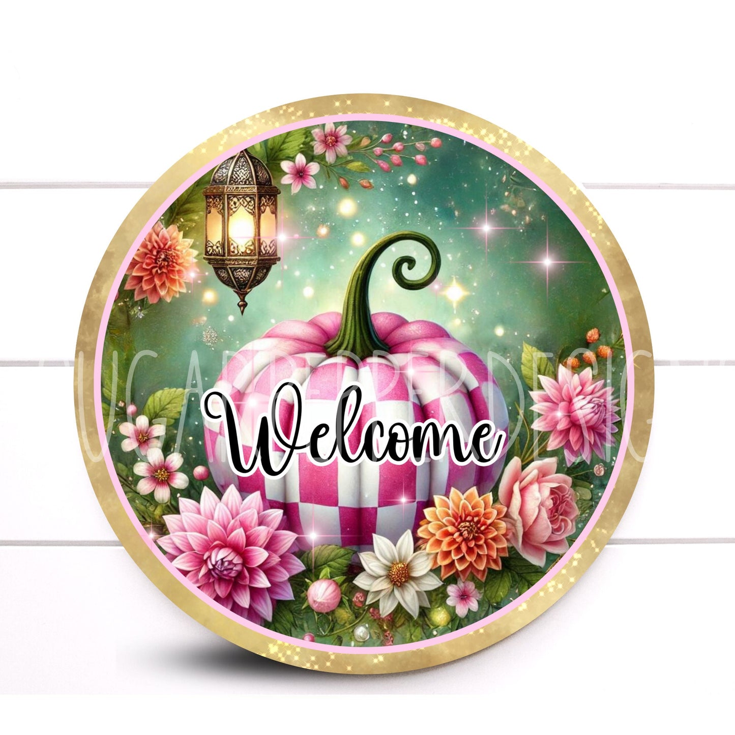 Wreath Sign, Welcome Fall Pink Fall Round Metal Wreath Sign, Pink Pumpkin Wreath Sign, Sugar Pepper Designs, Sign For Wreath