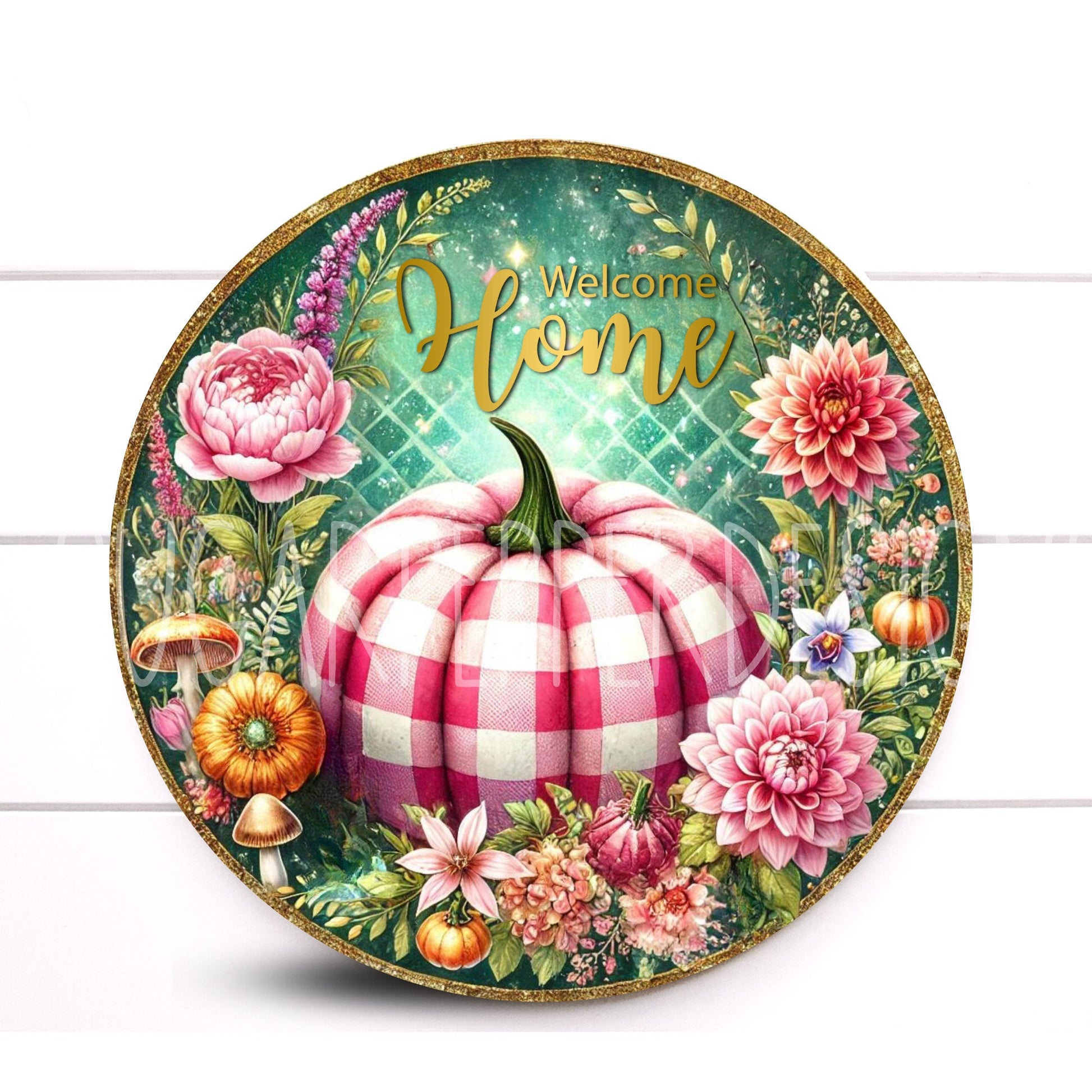 Wreath Sign, Welcome Home Fall Pink Round Metal Wreath Sign, Pink Pumpkin Wreath Sign, Sugar Pepper Designs, Sign For Wreath