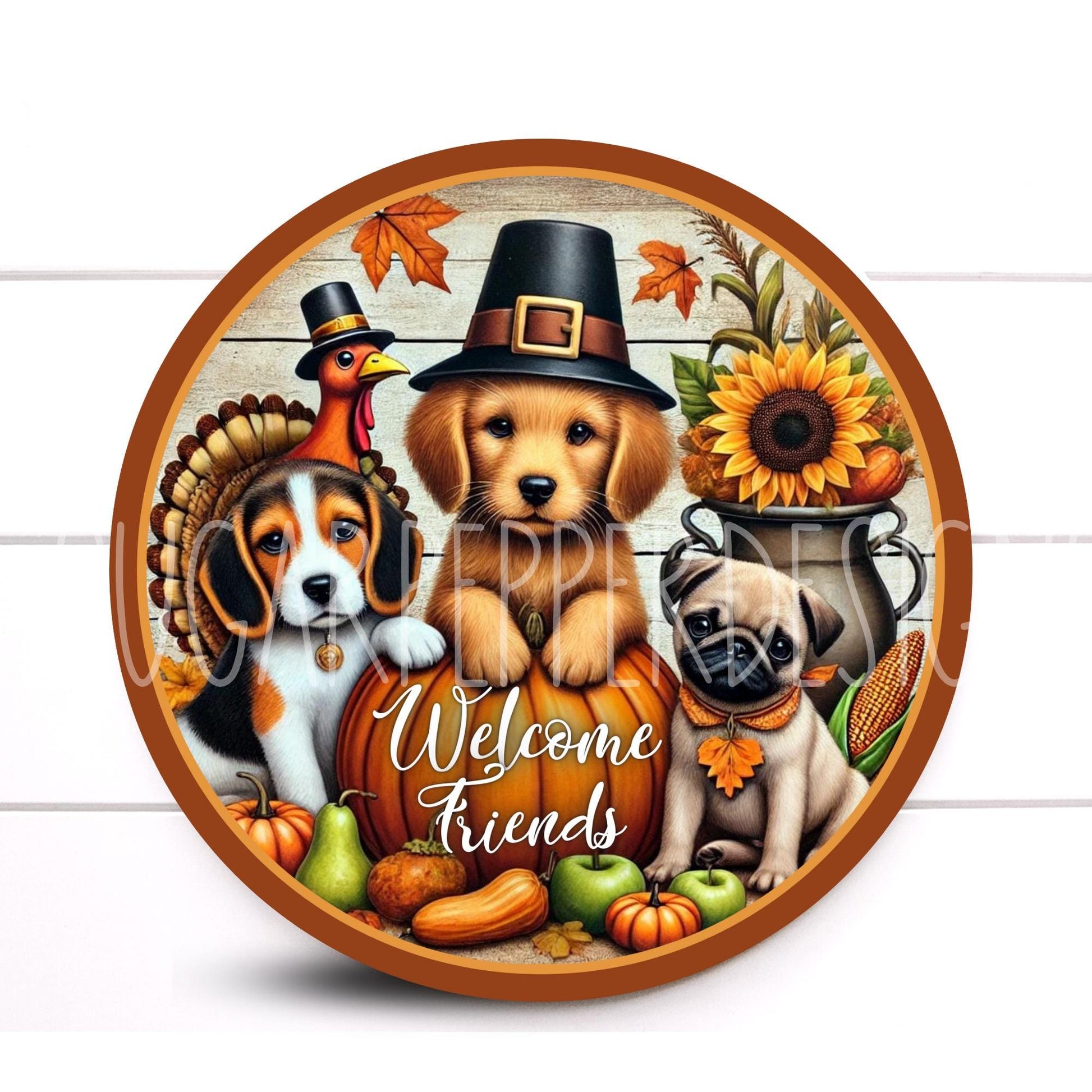 Wreath Sign, Fall Dog Round Metal Wreath Sign, Thanksgiving Sign, Sugar Pepper Designs, Sign For Wreath, Wreath Attachment, Door Decor