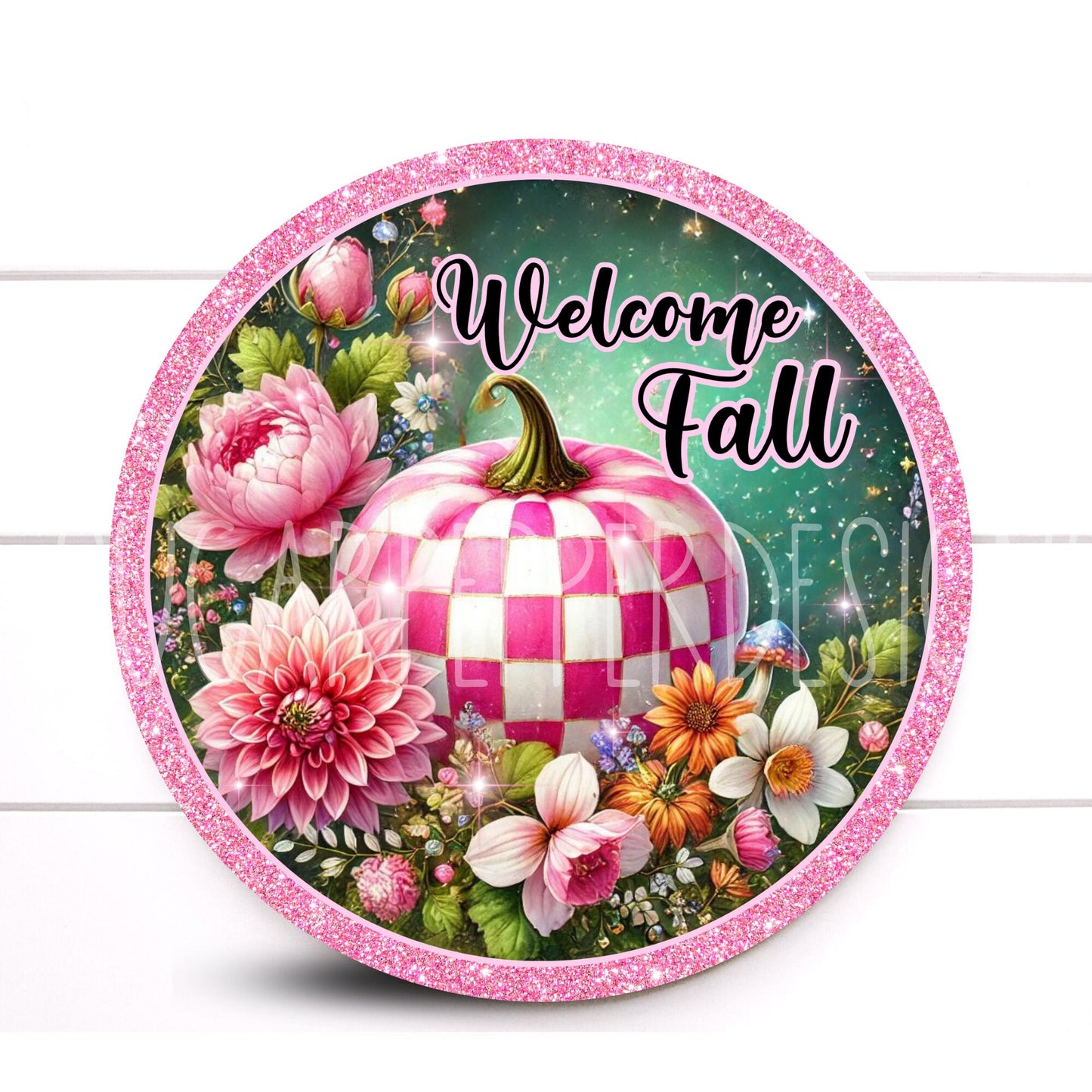 Wreath Sign, Welcome Fall Pink Fall Round Metal Wreath Sign, Pink Pumpkin Wreath Sign, Sugar Pepper Designs, Sign For Wreath