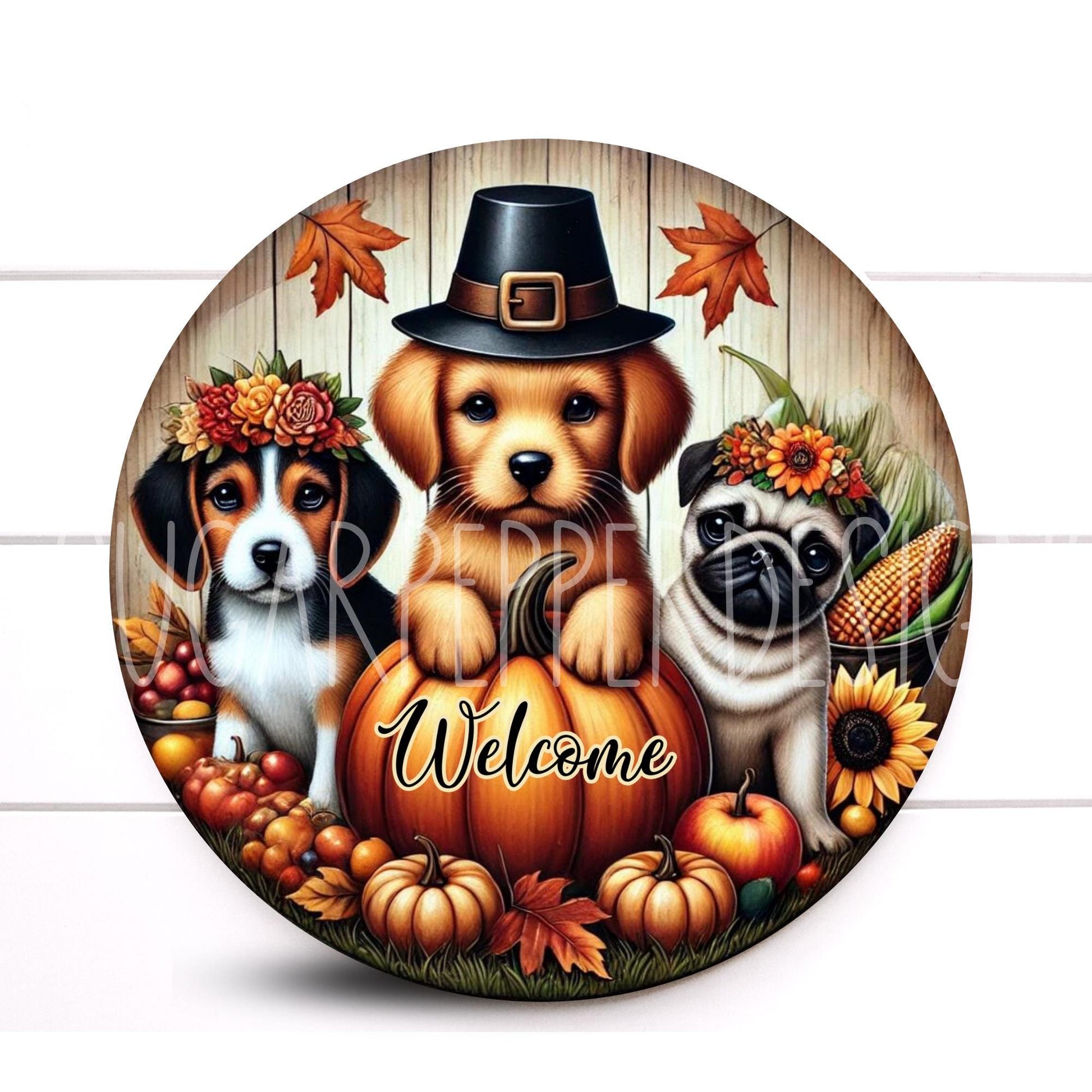 Wreath Sign, Fall Dog Round Metal Wreath Sign, Thanksgiving Sign, Sugar Pepper Designs, Sign For Wreath, Wreath Attachment, Door Decor