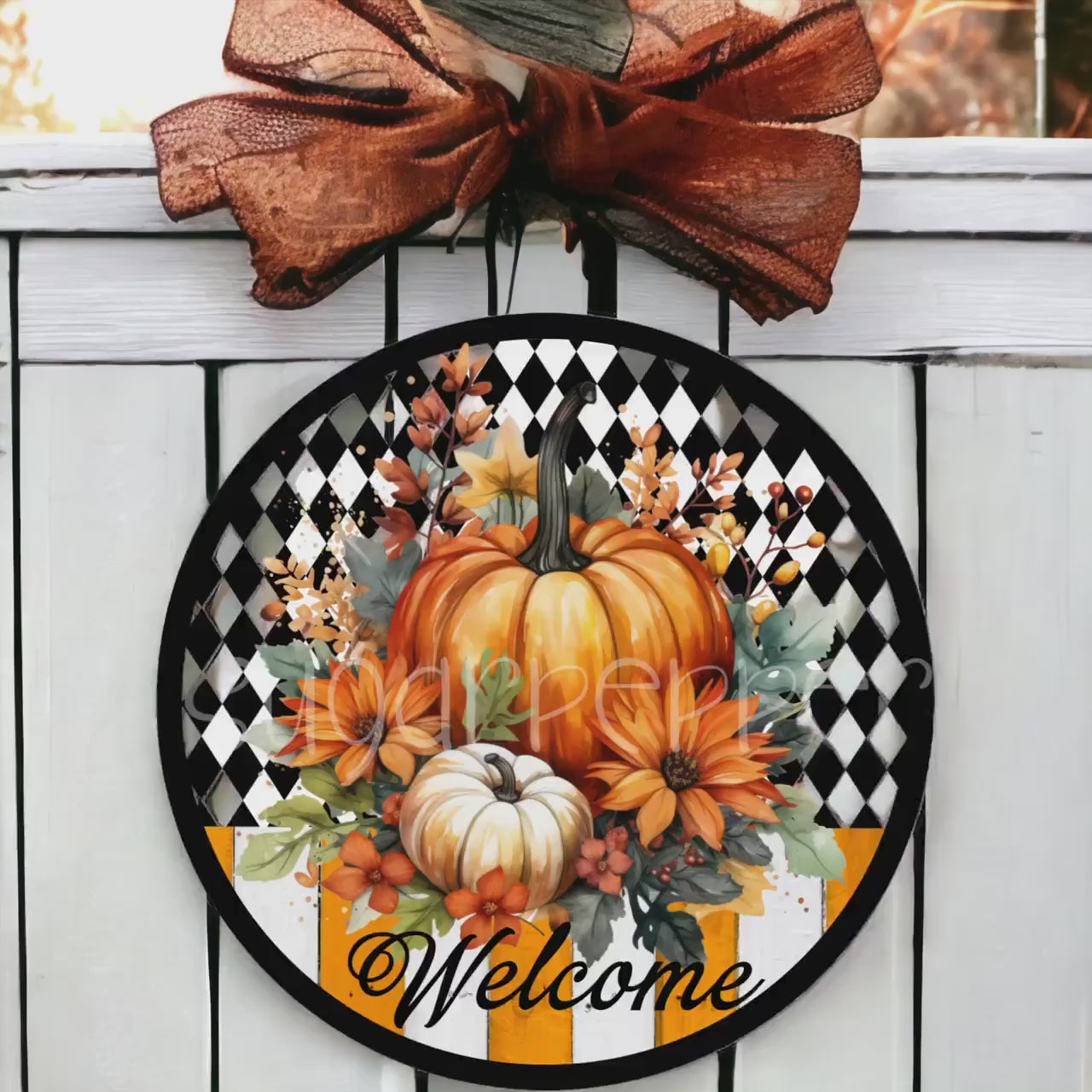 Wreath Sign, Welcome Fall Pumpkin Harlequin Wreath Sign, Fall Wreath Sign, Pumpkin Wreath Sign, Sugar Pepper Designs, Sign For Wreath