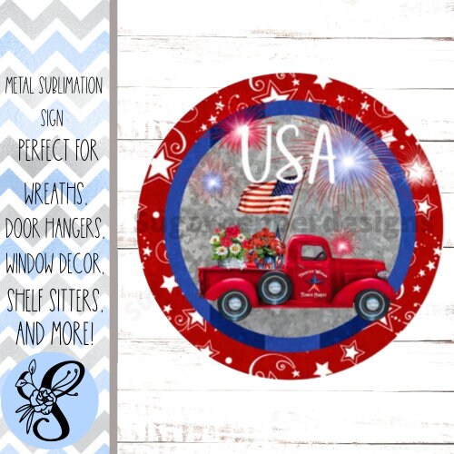 Wreath Sign, Round USA Red Truck Patriotic Wreath Sign, Sugar Pepper Designs, Sign For Wreath, Door Decor