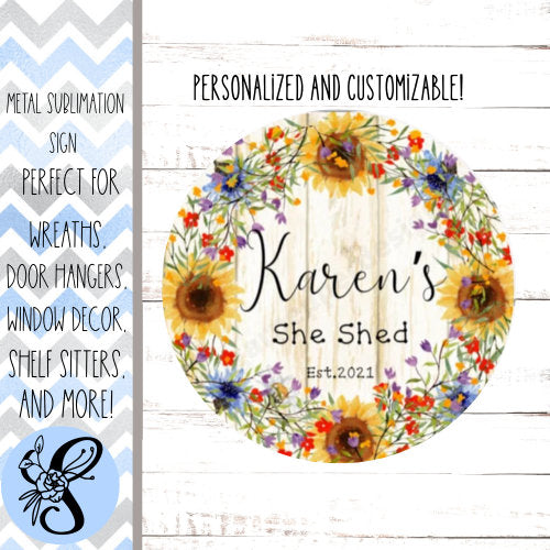 Wreath Sign, Personalized She Shed Sign, She Shed Gift, Flowers Custom Woman's Shed Sign, Cute She Shed Decor, She Shed Door Sign