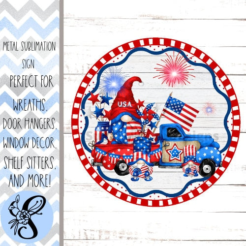 Wreath Sign, Round Patriotic Gnome Truck Wreath Sign, 4th of July Wreath Sign, Sugar Pepper Designs, Sign For Wreath, Door Decor