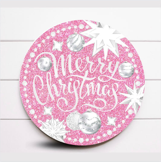 Wreath Sign, Round Pink and Silver Merry Christmas Wreath Sign, Metal Wreath Sign, Sugar Pepper Designs, Sign For Wreath