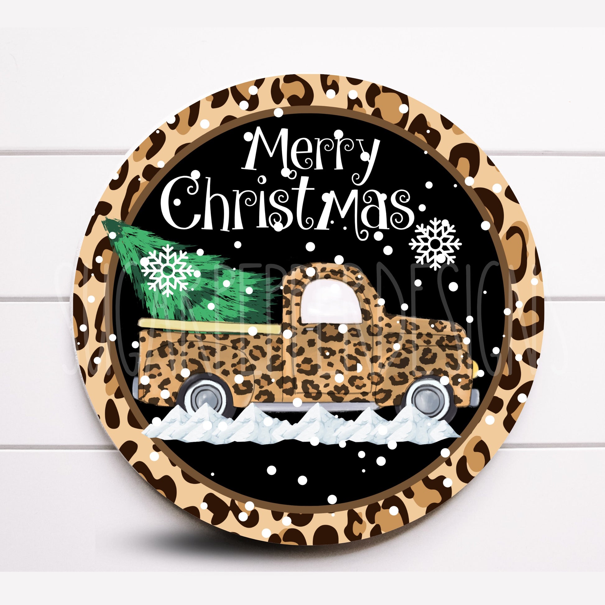 Wreath Sign, Cheetah Christmas Truck Wreath Sign, Merry Christmas Wreath Sign, Sign For Wreath, Sugar Pepper Designs