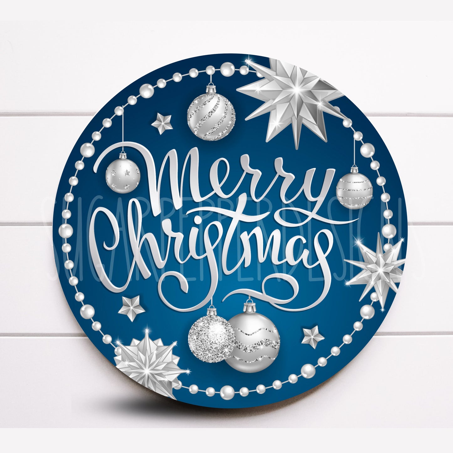 Wreath Sign, Round Blue and Silver Merry Christmas Wreath Sign, Metal Wreath Sign, Sugar Pepper Designs, Sign For Wreath,