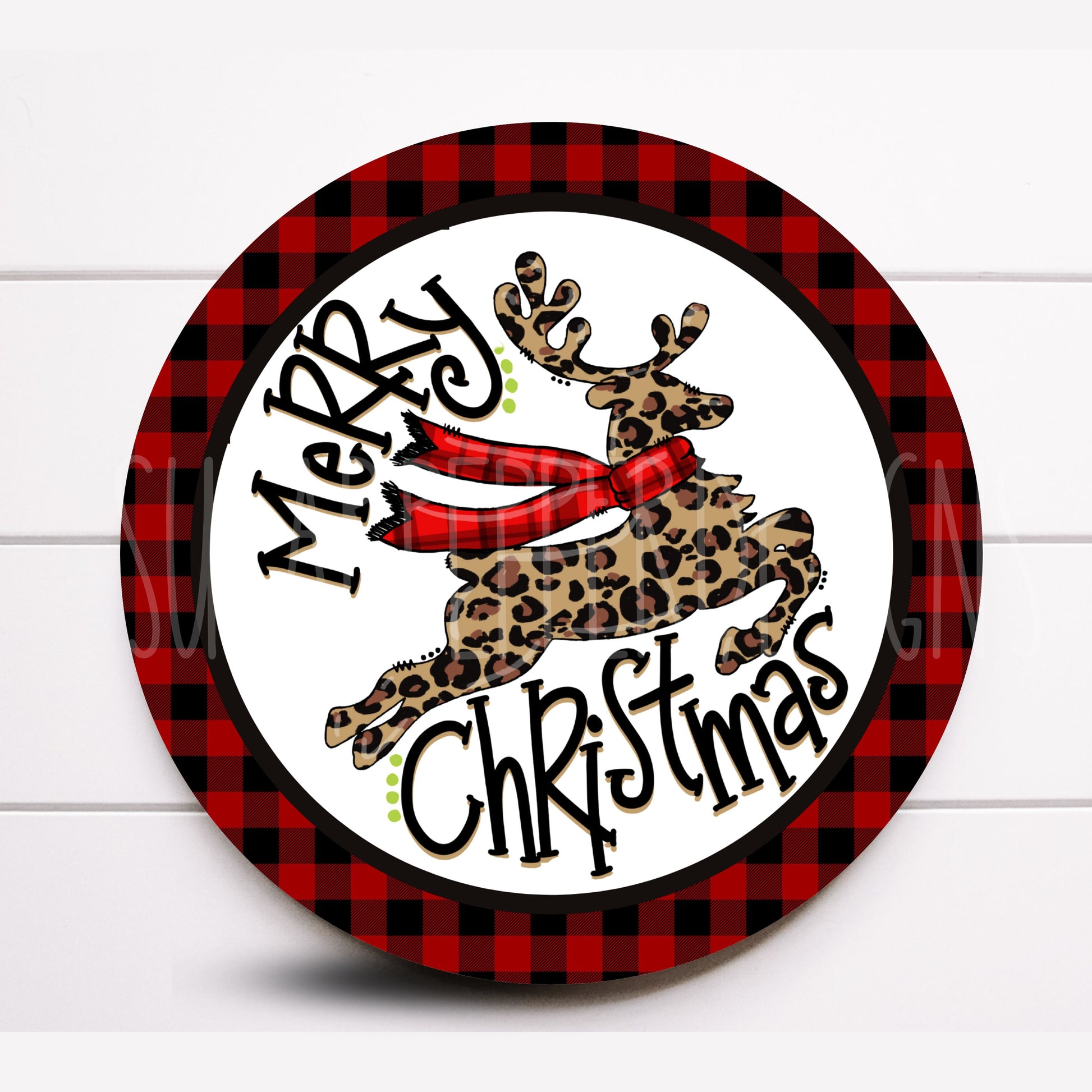 Wreath Sign, Christmas Wreath Sign, Leopard Reindeer Wreath Sign, Sugar Pepper Designs, Sign For Wreath, Lumberjack Red and Black Pattern