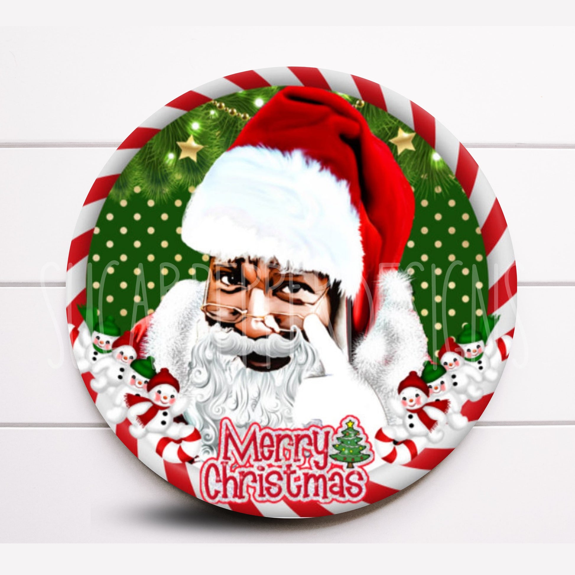 Wreath Sign, Black Santa Claus Wreath Sign, African-American Santa Claus Round Metal Wreath Sign, Sign for Wreath, Sugar Pepper Designs